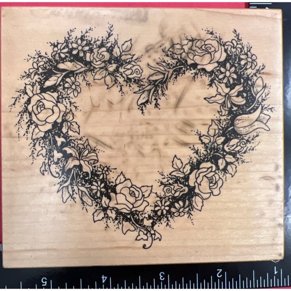 Heart-Shaped Floral Wood Mounted Rubber Stamp By PSX 1990 K-244
